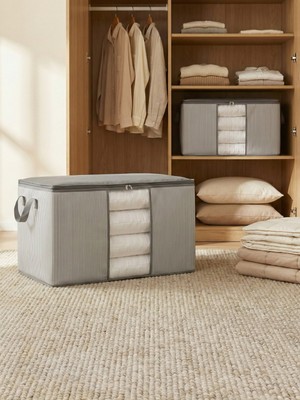 Nacarev 2 Adet Büyük Boy Pencereli Çizgi Desen Baskılı Antrasit Yastık Yorgan Düzenleyici Hurç Seti 75x40x40 cm