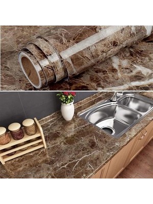 Just Cheap Store Mermer Desenli Masa Tezgah Mutfak Su Geçirmez Yapışkanlı Folyo Sticker Kahverengi 5x0,6m