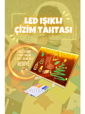 Feyza Design Renkli LED Işıklı Çizim Tahtası, Ayarlanabilir Stand, 30X20CM, Hediye Kalem