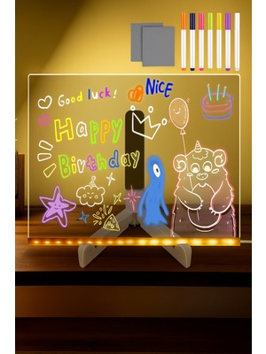 LED Işıklı Yazı Çizim Tahtası 20X20 Cm, 7 Kalem ve Stand ile Eğlenceli Notlar