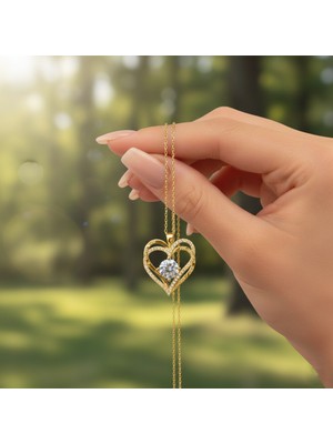 Modahilye 925 Ayar Gümüş Kalpli Tektaş Altın Kaplama Renk Kolye