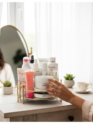 Şık ve Pratik Altın Tonlu Makyaj Organizeri, Aynalı Tasarım