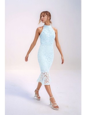 Mamayaga Kadın Boyundan Bağlamalı Astarlı Eteği Volanlı Balık Model Güpür Detaylı Abiye Gece Curve Şık Elbise