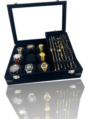 Şık Siyah Süet 9'lu Saat Bileklik ve Tesbih Kutusu Dekoratif Korumalı