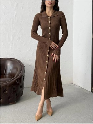 SFG Life Moda Kadın Gömlek Yaka Şık Gold Düğmeli ve Fitilli Uzun Triko Gömlek Elbise