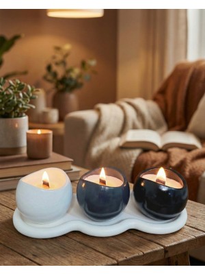Dekorea Ahşap Fitilli 3'lü Taş Tozu Soya Mumu Seti ve Tepsisi - Siyah/Füme/Beyaz Spa Seti