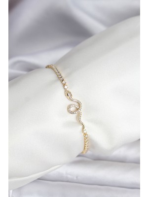 Mustran Yılan Model Zirkon Taşlı Gold Renk Pirinç Su Yolu Kadın Bileklik