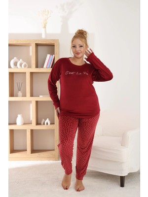 Pijamoni Kadın Büyük Beden Yumuşak Kadife Vişne Pijama Takımı