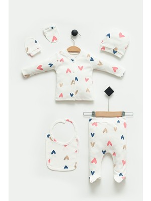 NEU KIDS Hastane Çıkış Seti Penye 5'li Set Yenidoğan Kıyafetleri Renkli Kalp %100 Pamuk - Hediye Paketli