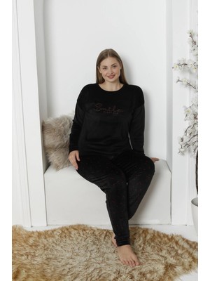 Pijamoni Kadın Büyük Beden Yumuşak Kadife K. Siyah Pijama Takımı