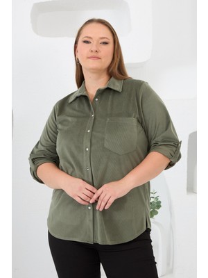 Rmg Kadife Büyük Beden Kol Çıtçıtlı Gömlek