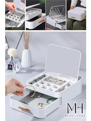 Şık ve Fonksiyonel Otomatik Açılır Aynalı Takı Organizeri, Çekmeceli 22X20X8 cm