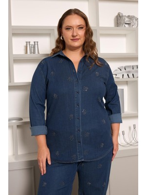 Rmg Taş Detaylı Büyük Beden Gömlek Lacivert