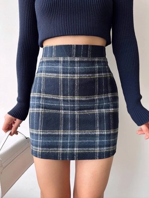 Mesga Butik Ekoseli Kaşe Etek Lacivert Hf