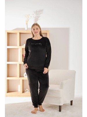 Pijamoni Kadın Yumuşak Kadife Bisiklet Yaka Koyu Siyah Pijama Takımı