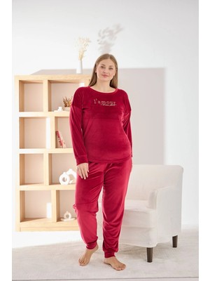 Pijamoni Kadın Yumuşak Kadife Bisiklet Yaka Vişne Pijama Takımı