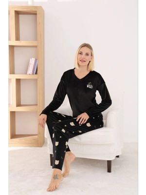 Pijamoni Kadın Fransız Kumaş V Yaka Ayıcık Baskılı Siyah Pijama Takımı