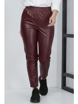 Kadın Beli Lastikli Cepli Deri Bordo Pantolon