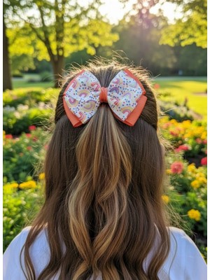 Toka Delisi Turuncu Gökkuşağı Kurdele Fiyonk Toka, El Yapımı Özel Gün Grogren Kurdele Çocuk Klipsli Kiz Cocuk Toka