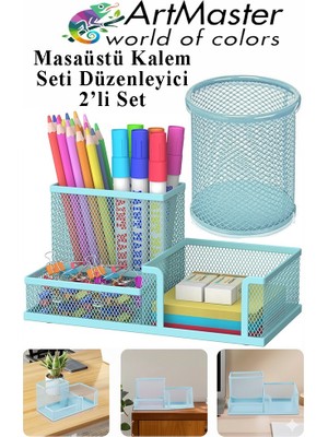 ArtMaster Masaüstü Metal Silindir Kalemlik ve 3 Lü Düzenleyici 1 Paket Fileli Perfore Açık Mavi Kalemlik Kağıtlık Düzenleyici