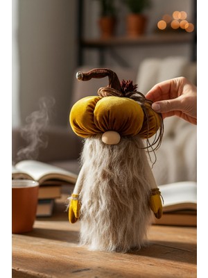 Vanilya Gift Dekoratif Şans Cücesi Kitap Tutucu Ev Ofis Salon Dekoru-Pumpkin Head Hardal 50 cm