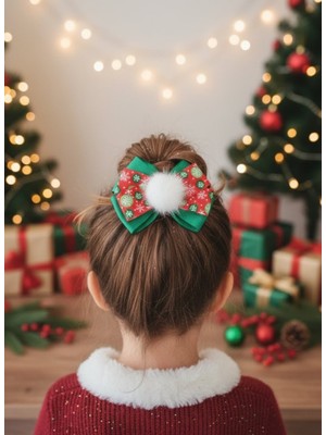 Toka Delisi Ponponlu Son Trend Kırmızı Yeşil Yılbaşı Tokası, Fiyonk Toka, Hand Made Noel Christmas Pens Toka
