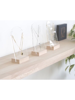 Şık 3'lü Pleksi Kolye Askısı Seti, Akrilik ve Ahşap Stand