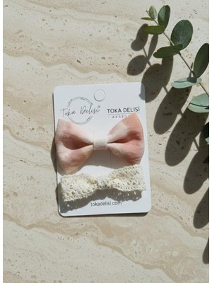 Toka Delisi Saçsız Bebek Tokası, Ebruli Somon Krem Kombin Fiyonk Saçsız Bebek Tokası