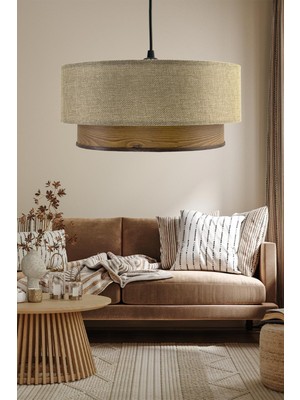 Feyza Design Doğal Hasır Kumbeji Ahşap Desenli Avize, Şık ve Ferah Aydınlatma