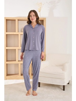 Pijamoni Kadın Premium Milan Kumaş Gömlek Yaka Koyu Lila Pijama Takımı
