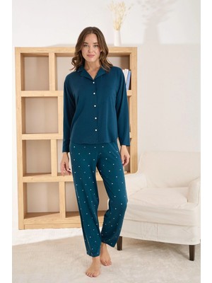 Pijamoni Kadın Premium Milan Kumaş Gömlek Yaka Petrol Yeşili Pijama Takımı