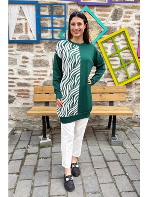 Zebra Desenli Garnili Triko Tunik - Zümrüt