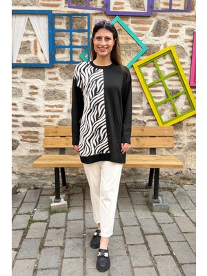 Zebra Desenli Garnili Triko Tunik - Siyah