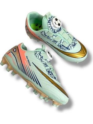 Laliga 620 Mekanizmalı ve Otomatik Akıllı Bağcıklı Çocuk Krampon Su Yeşili Altın Desenli