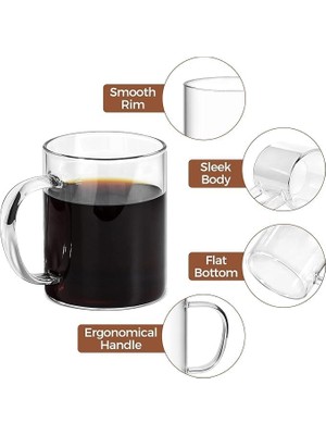 Storemax Borosilikat Cam 6'lı Kupa Seti, Ergonomik Saplı, Düz Tabanlı, Pürüzsüz Kenarlı, Ince Tasarımlı, Içecekler Için, 200ML