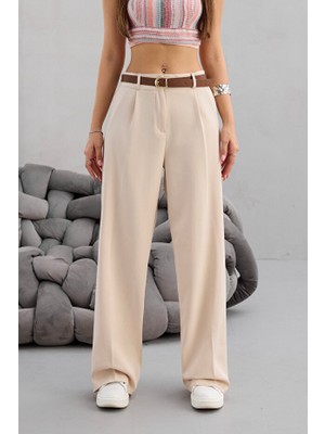 My Arja Kadın Yüksek Bel Kemer Detaylı Beli Lastikli Salaş Palazzo Kumaş Pantolon[kemer Dahil Değildir]