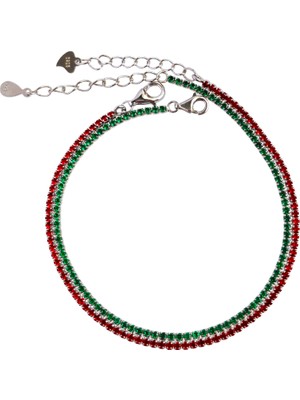 925 Gümüş Su Yolu Işıltılı Tasarım Kırmızı-Yeşil Zirkon Taşlı Kadın Çoklu  Bileklik Yılbaşı Hediye