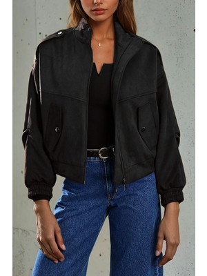 Robin D99806 Cep Detaylı Oversize Kısa Süet Kadın Mont