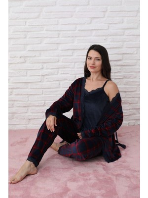 Pijamoni Kadın Fransız Kadife 3'lü Lacivert Ekose Pijama Takımı