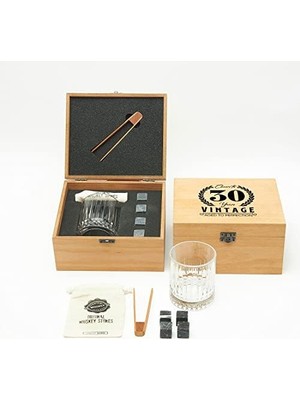 Storemax 30 Yaş Tasarımlı Ahşap Kutulu Tekli Glasgow Viski Kadeh Seti + 4 Soğutucu Taş Seti