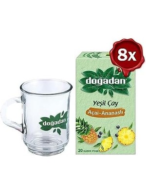 Storemax Doğadan Yeşil Çay Açai Ananaslı Bardak Poşet Çay x 8 ve Doğadan Cam Bardak Hediyeli