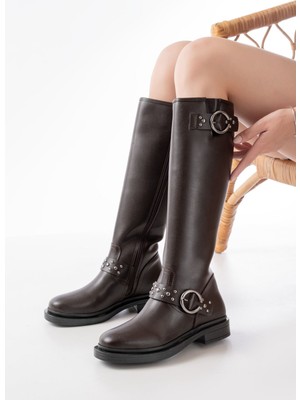 Zerenyus ZRİN-3004 Premium Kahverengi Lastikli Fermuarlı Günlük Kadın Çizme