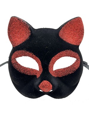 Just Cheap Store Siyah Kırmızı Simli Süet Kedi Maskesi