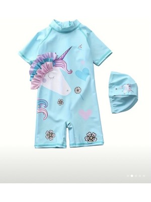 RosabelleMare Kız Bebek Unicorn Baskılı Kısa Kollu Tulum Mayo, Sevimli Tasarım ve Uyumlu Bone Seti