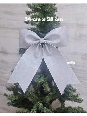 Asöy Büyük Gümüş Eva Fiyonk Kurdele 34X38 cm Parlak Simli Yılbaşı Temalı Çam Ağacı Süsü Ağaç Dekoru