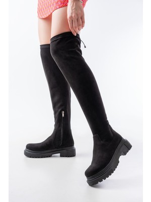 Zerenyus ZRİN812-2194 Premium Siyah Süet Fermuarlı Diz Üstü Bağcıklı Çorap Günlük Kadın Çizme