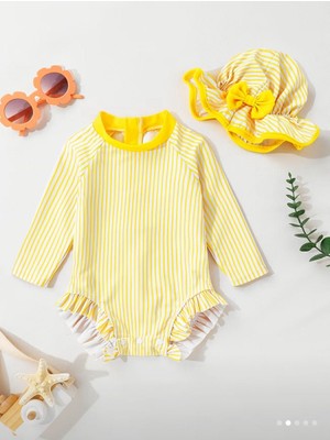 RosabelleMare Kız Bebek Sarı Çizgili Uzun Kollu Mayo Body, Fırfır Detaylı Tasarım ve Şapka Seti