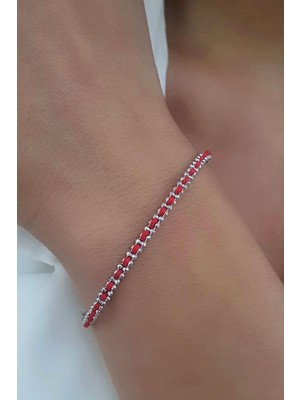 Kırmızı Ipek Makromeli 925 Ayar Gümüş Tasarım El Işi Şans Bilekligi