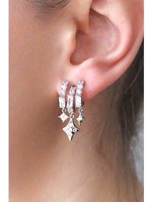 Nenya Vip Çelik Baget Taş Işleme Üçlü Görünüm Yıldız Detaylı Küpe