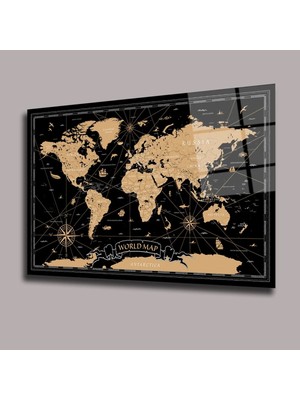 Glassual Art Sarı Siyah Dünya Haritası Harita Cam Tablo PCT0627
